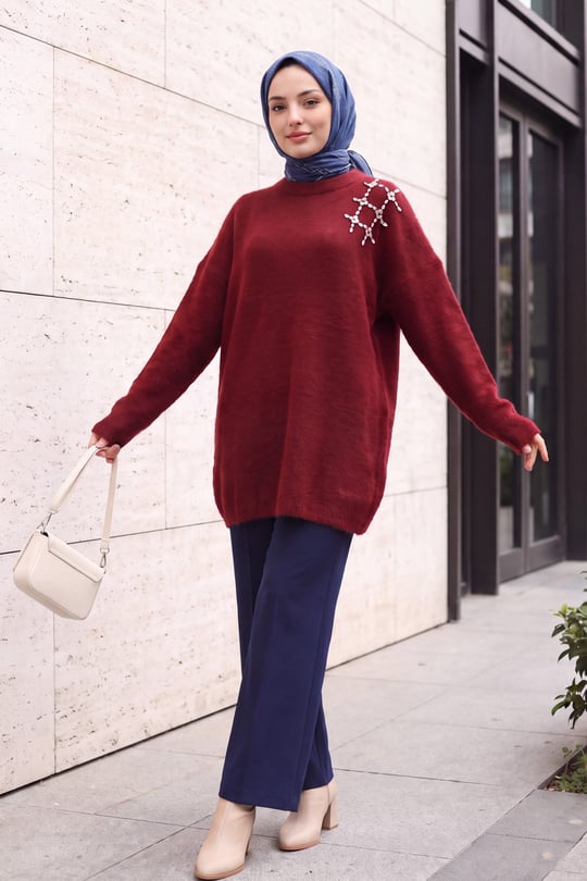 Omuzu Taş Detaylı Yumoş Triko Tunik -Bordo