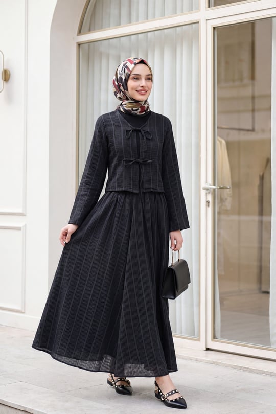Önü Bağcıklı Eteği Astarlı Bürümcük Kimono Takım -Siyah