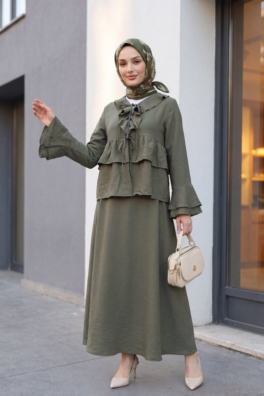 Önü Bağlamalı Fırfırlı İspanyol Kol Etekli Cupra Kimono Takım -Haki