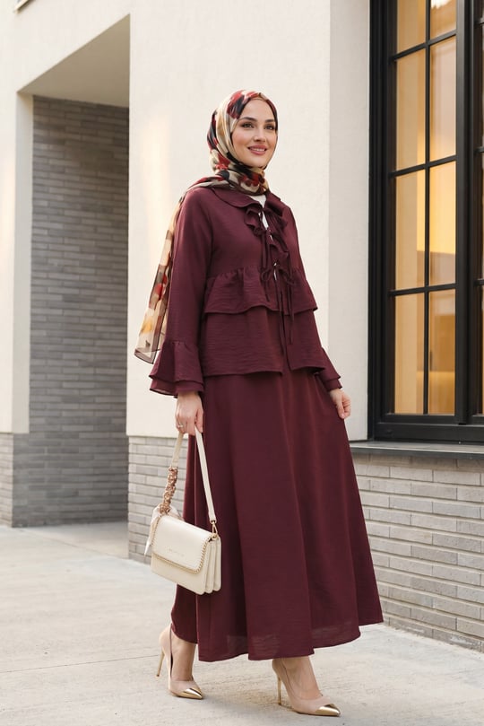 Önü Bağlamalı Fırfırlı İspanyol Kol Etekli Cupra Kimono Takım -Mürdüm