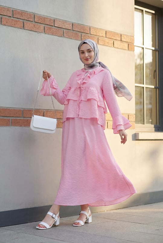 Önü Bağlamalı Fırfırlı İspanyol Kol Etekli Cupra Kimono Takım -Pembe