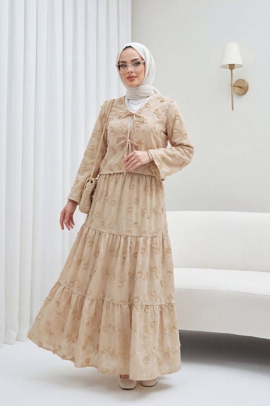 Önü Bağlamalı Kabartma Çiçek Nakışlı Eteği Astarlı Keten Kimono Takım  -Vizon