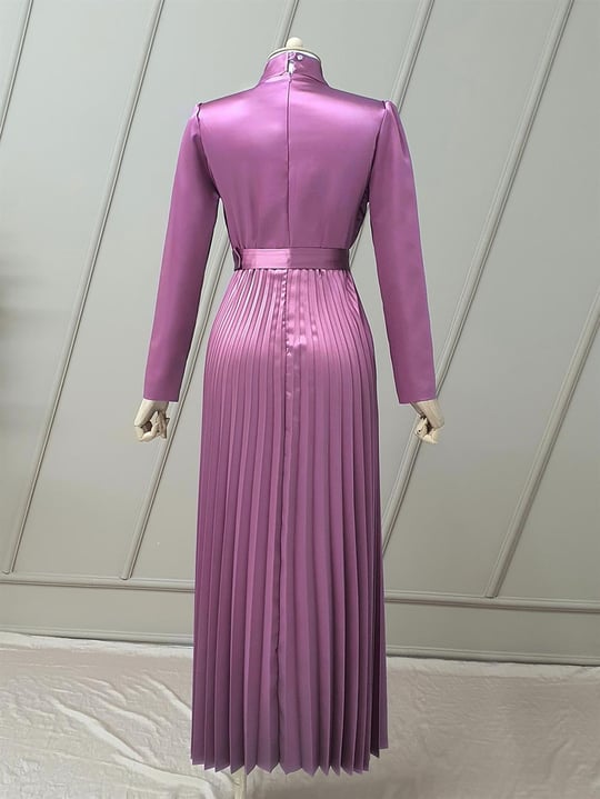 Womens Front Ruched Detail Mandarin-Collar Pleated Evening Dress -G.kurusu - Dusty Rose