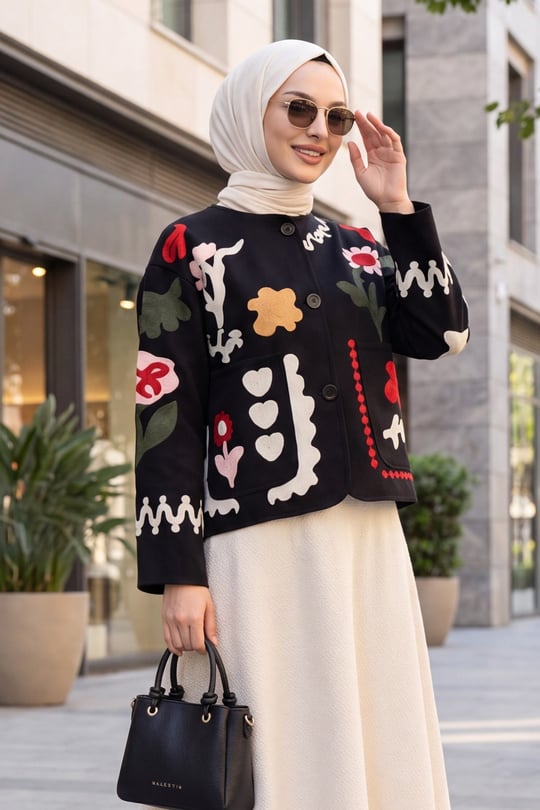 Womens Front Button-Front Embroidered Pocket Denim Jacket - Black