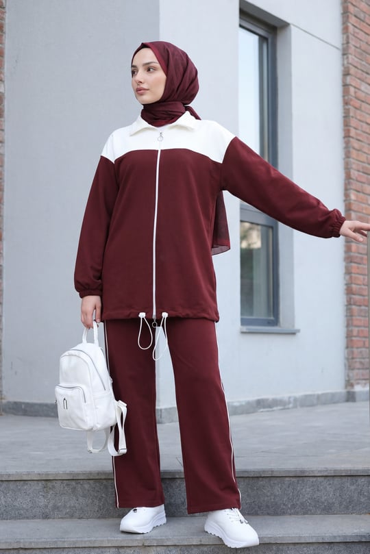 Womens Front Zip-Up Sleeve and Hem Elastic Two-Thread Jersey Set -Burgundy