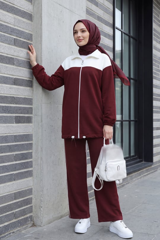Womens Front Zip-Up Sleeve and Hem Elastic Two-Thread Jersey Set -Burgundy