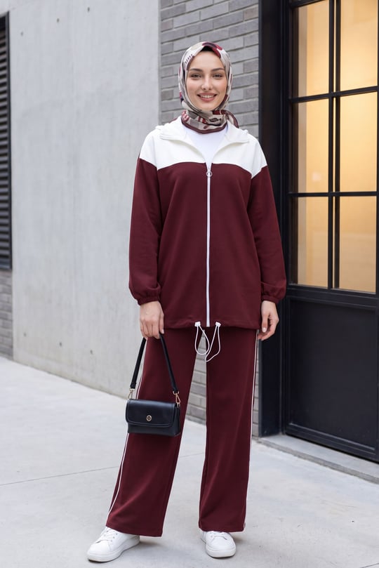 Womens Front Zip-Up Sleeve and Hem Elastic Two-Thread Jersey Set -Burgundy