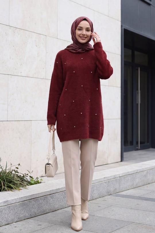 Önü Taş Detaylı Sakallı Salaş Triko Tunik -Bordo