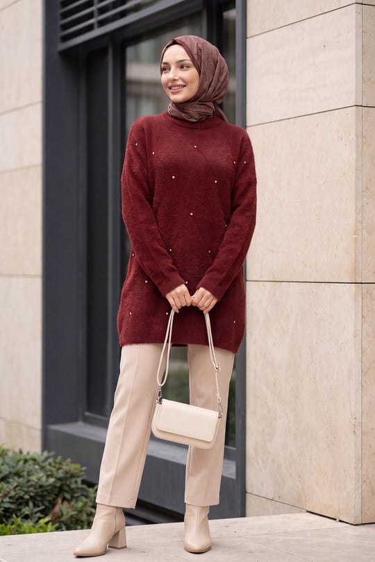 Önü Taş Detaylı Sakallı Salaş Triko Tunik -Bordo