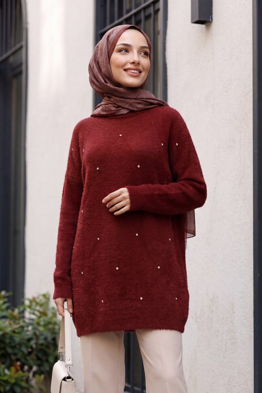 Önü Taş Detaylı Sakallı Salaş Triko Tunik -Bordo