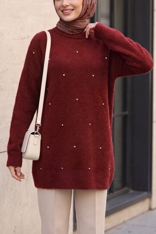 Önü Taş Detaylı Sakallı Salaş Triko Tunik -Bordo
