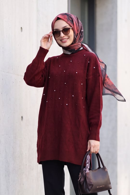 Önü Taş Ve İnci Detaylı Balon Kol Desenli Triko Tunik -Bordo