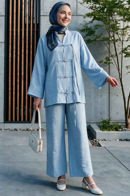 Womens Front Embellished Button-Front Wide-Sleeve Pants Relaxed Aerobin Set -Baby Blue