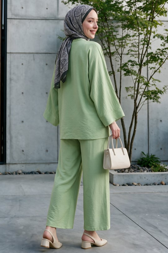 Womens Front Embellished Button-Front Wide-Sleeve Pants Relaxed Aerobin Set -Almond Green