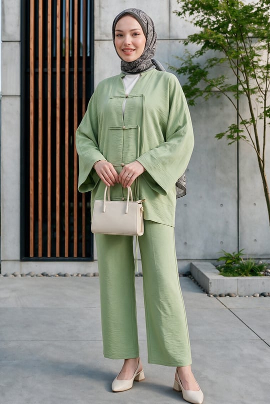 Womens Front Embellished Button-Front Wide-Sleeve Pants Relaxed Aerobin Set -Almond Green