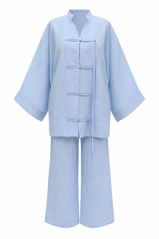 Womens Front Embellished Button-Front Wide-Sleeve Pants Relaxed Aerobin Set -Baby Blue