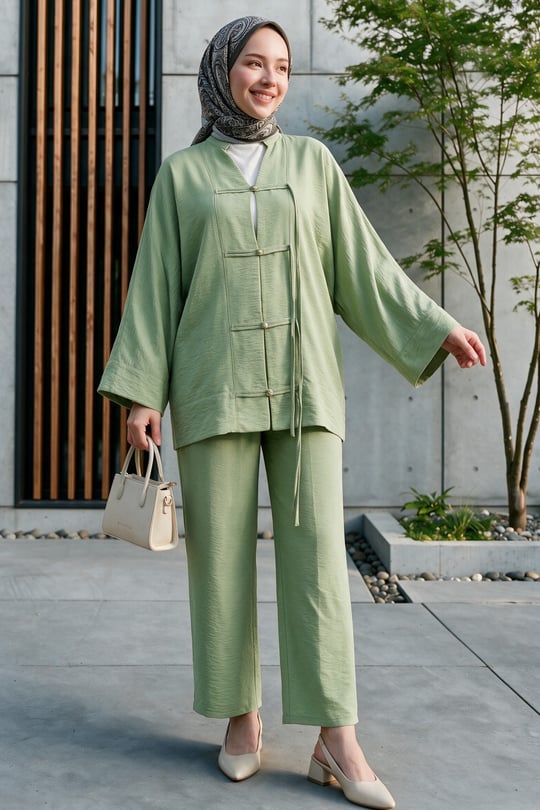 Womens Front Embellished Button-Front Wide-Sleeve Pants Relaxed Aerobin Set -Almond Green