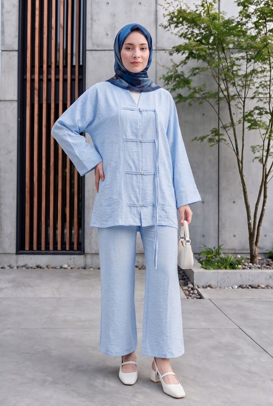 Womens Front Embellished Button-Front Wide-Sleeve Pants Relaxed Aerobin Set -Baby Blue