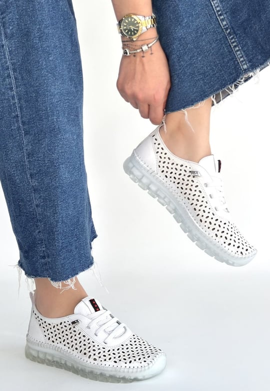 Otja Hakiki Deri Lazerli Bağcıklı Spor Ayakkabı -Beyaz