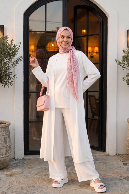 Pantolonu Cepli Likralı Oversize Üçlü Sendy Takım  -Beyaz