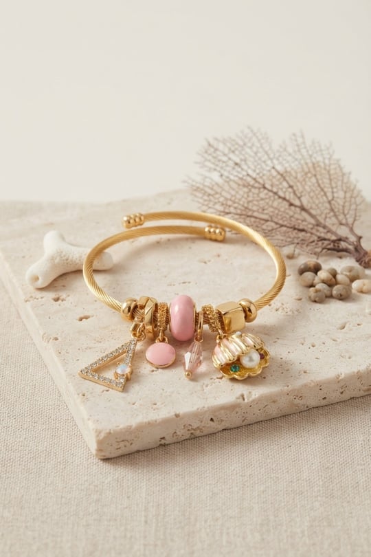 Pembe Deniz Kabuğu Model Gold Renk Charmlı Bileklik