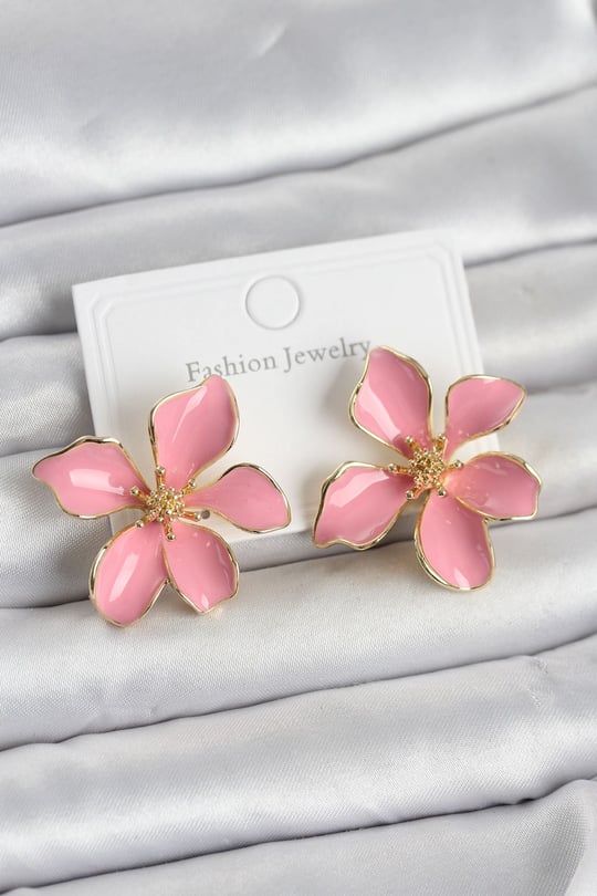Pembe Mineli Çiçek Model Pirinç Kadın Küpe