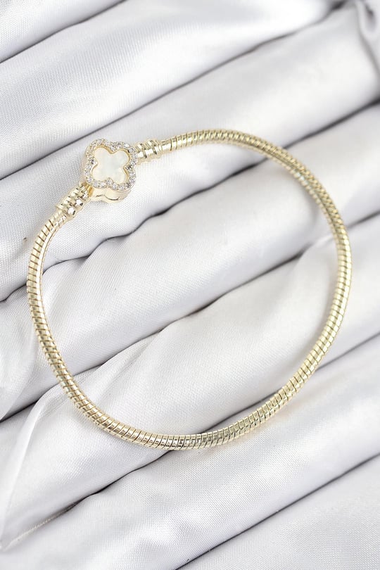 Pirinç Charm Zirkon Taşlı Yonca Model Gold Renk Kadın Bileklik