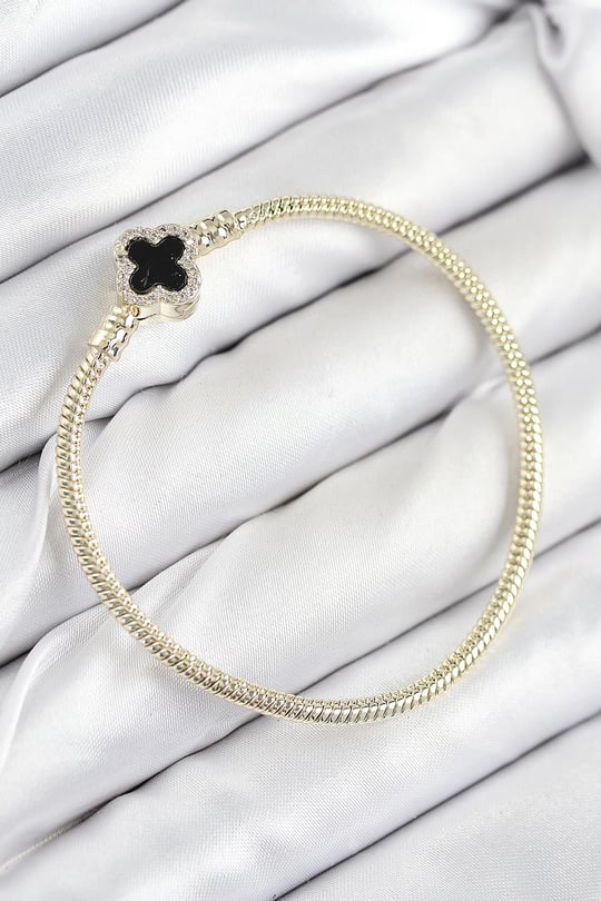 Pirinç Charm Zirkon Taşlı Yonca Model Gold Renk Kadın Bileklik