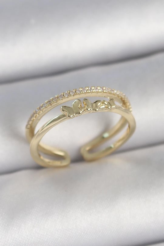 Pirinç Gold Renk 2'Li Sıra Zirkon Taş Detaylı Kelebek Figürlü Ayarlanabilir Model Kadın Yüzük