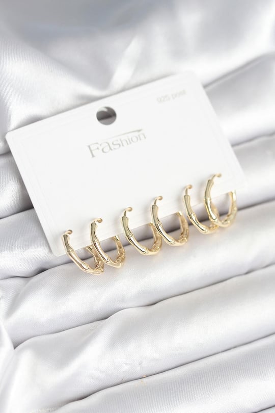 Pirinç Gold Renk Kemik Halka Model 925 Ayar Gümüş Çivili Kadın Küpe Seti