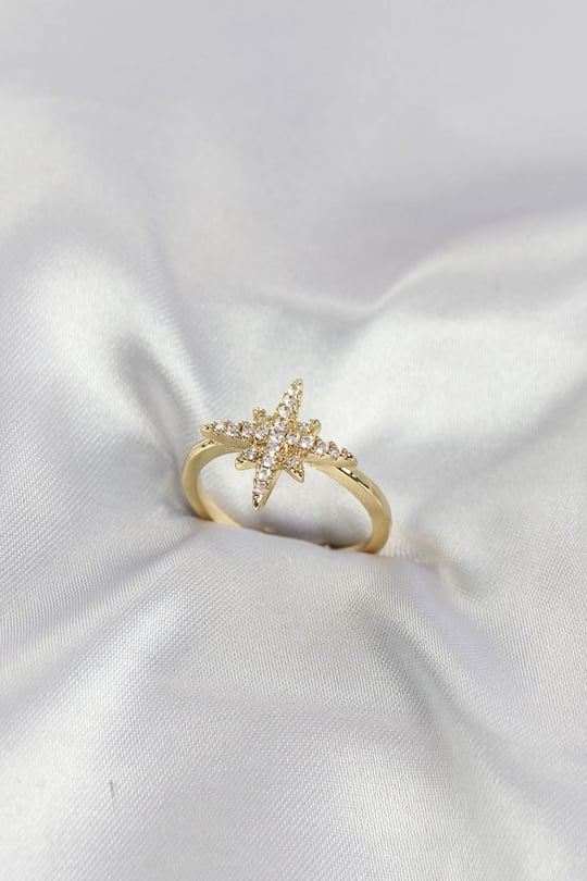 Pirinç Gold Renk Kutup Yıldızı Model Zirkon Taşlı Kadın Yüzük