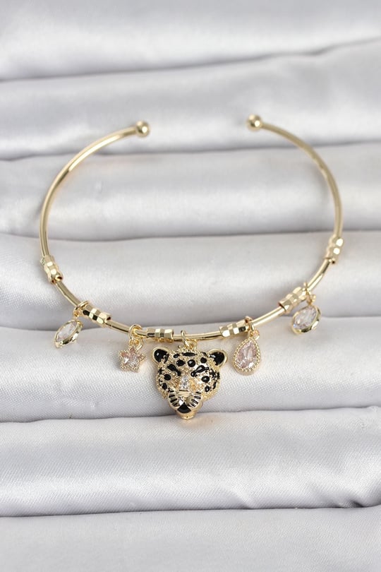 Pirinç Gold Renk Leopar Detaylı Charmlı Kadın Bileklik