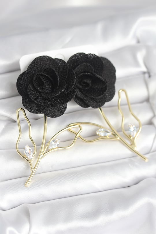 Pirinç Gold Renk Siyah Gül Model Kadın Küpe