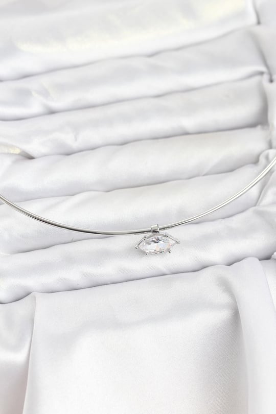 Pirinç Gümüş Renk Choker Model Zirkon Taşlı Kadın Kolye