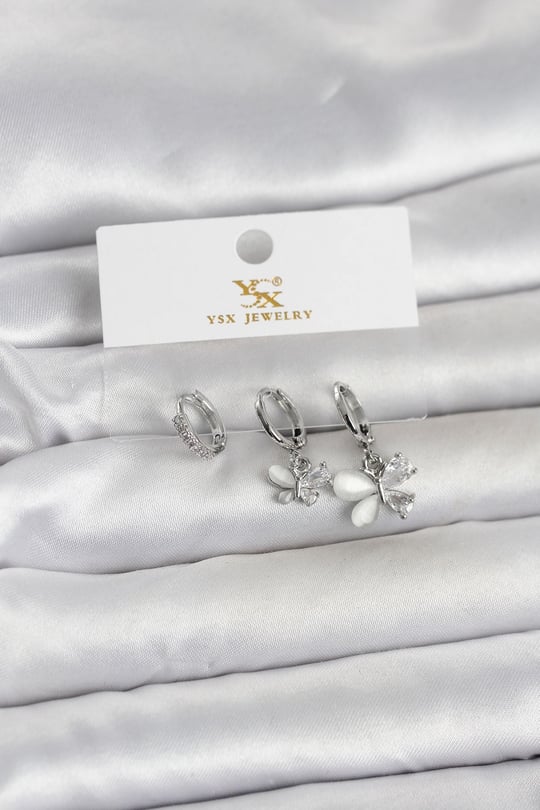 Pirinç Gümüş Renk Kelebek Model 3'lü Kadın Küpe