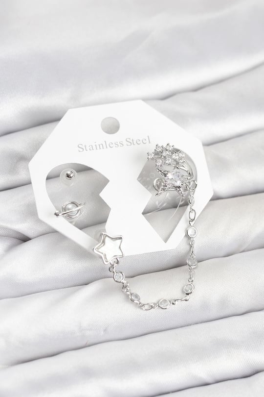 Pirinç Gümüş Renk Yıldız Model Zincir Bağlantılı Ear Cuff Küpe Seti