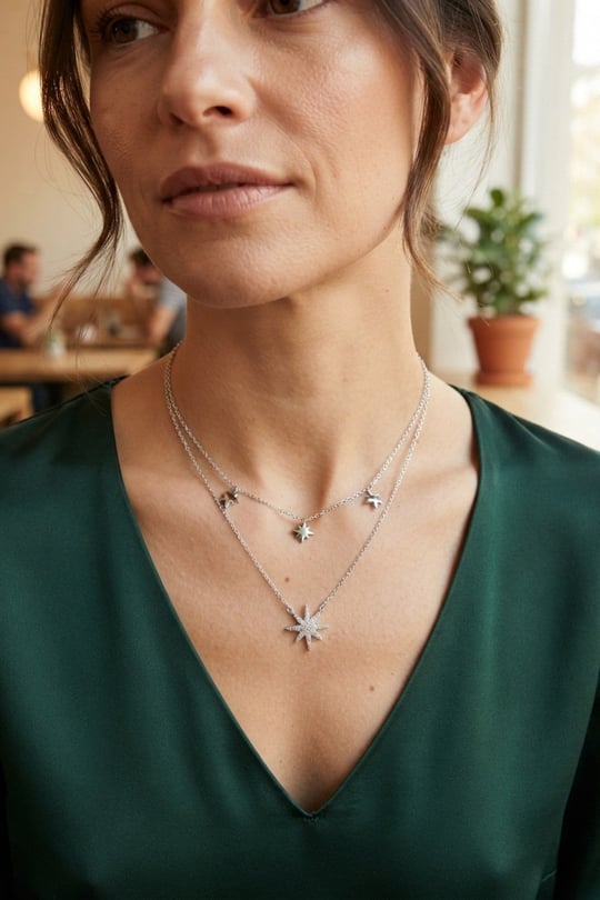 Pirinç Gümüş Renk Zirkon Taşlı Kutup Yıldızı Model 2li Kadın Kolye