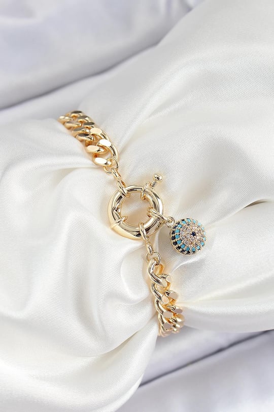 Pirinç Nazar Model Zirkon Taşlı Gold Renk VİP Seri Kadın Bileklik