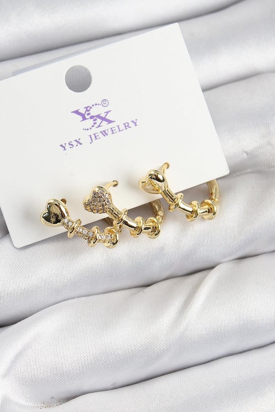 Pirinç Zİrkon Taşlı Kalp Model Gold Renk 3'lü Kadın Küpe