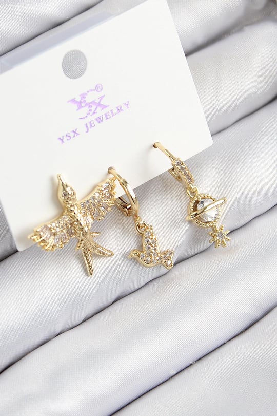 Pirinç Zirkon Taşlı 3'lü Kuş Model Gold Renk Kadın Küpe
