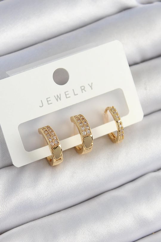 Pirinç Zirkon Taşlı Halka Model Gold Renk 3'lü Çift Kadın Küpe Set