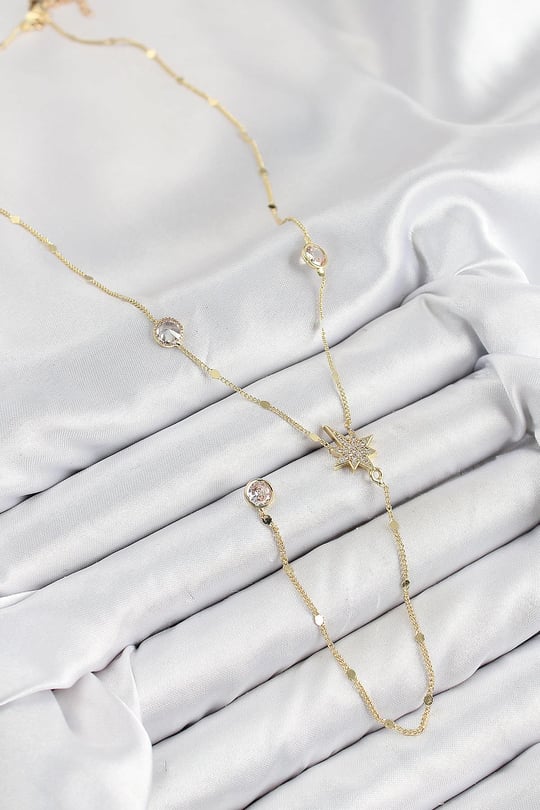 Pirinç Zirkon Taşlı Kutup Yıldızı Model Gold Renk Y Kolye