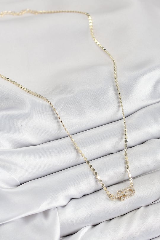 Pirinç Zirkon Taşlı Tifany Model Ezme Zincir Gold Renk Kadın Kolye