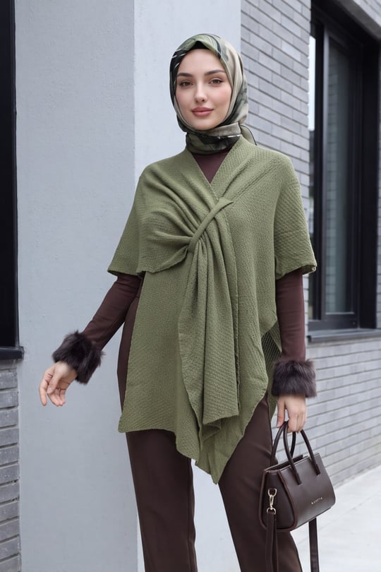 Womens Relaxed-Fit Casual Knit Poncho - Olive Green