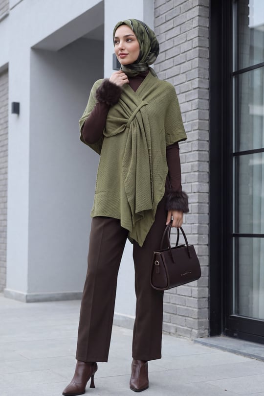 Womens Relaxed-Fit Casual Knit Poncho - Olive Green