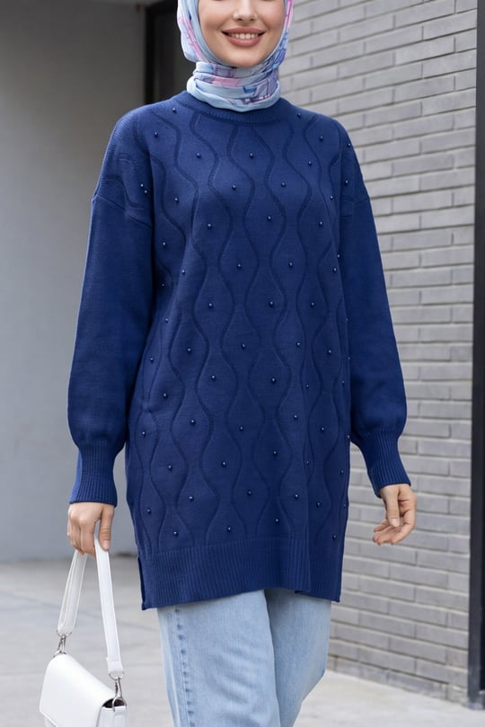 Serpme İncili Balon Kol Salaş Triko Tunik -Lacivert