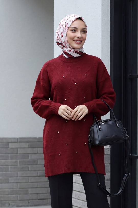 Serpme İncili Balon Kol Salaş Triko Tunik -Bordo