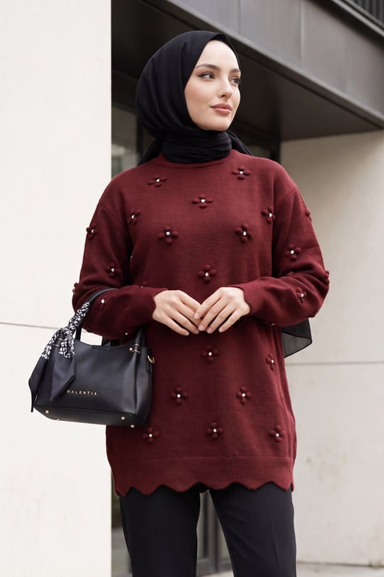 Taşlı Ponpon Detaylı Asimetrik Kesim Triko Tunik -Koyu Bordo