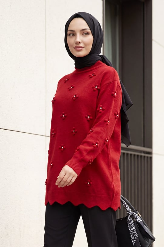 Taşlı Ponpon Detaylı Asimetrik Kesim Triko Tunik -Kırmızı