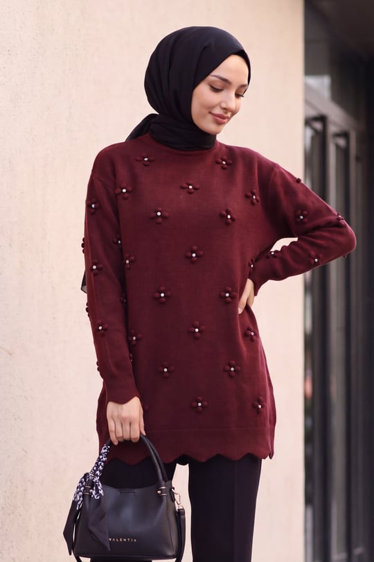 Taşlı Ponpon Detaylı Asimetrik Kesim Triko Tunik -Koyu Bordo